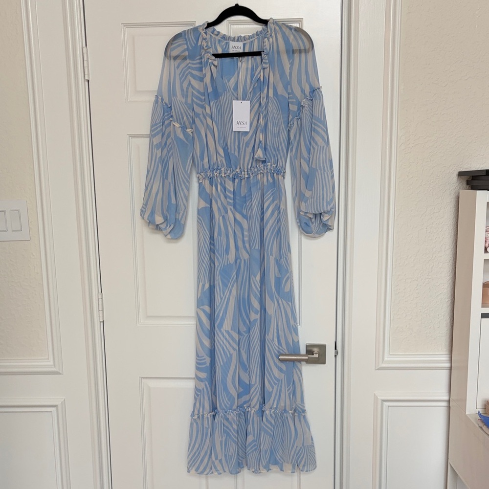 Misa Los Angeles Sky Blue and White Printed Maxi Dress